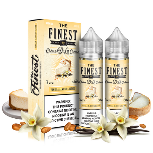 The Finest Vanilla Almond Custard E-Juice 120mL – A premium dessert-inspired vape juice featuring a rich blend of vanilla, roasted almonds, and creamy custard. Perfect for cloud chasers and dessert flavor lovers. Available in 0mg, 3mg, and 6mg nicotine strengths. Shop now at VapeNear.