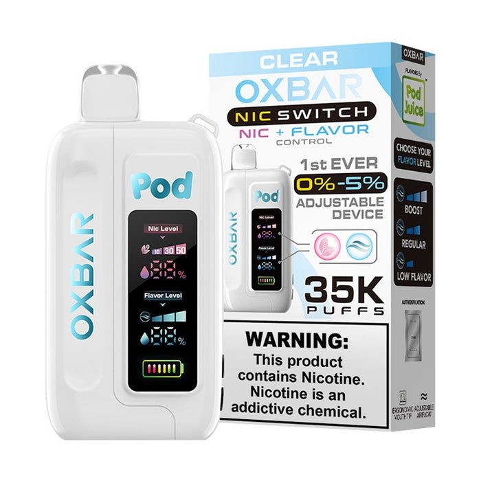 Adjustable nicotine, bold flavors, and 35k puffs: Pod Juice OXBAR Nic Switch 35000.