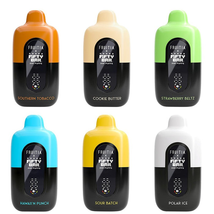 Fruitia X Fifty Bar 20K Disposable Vape with 18ml pre-filled e-juice and 5% nicotine strength for up to 20,000 puffs at VapeNearShop online vape shop.