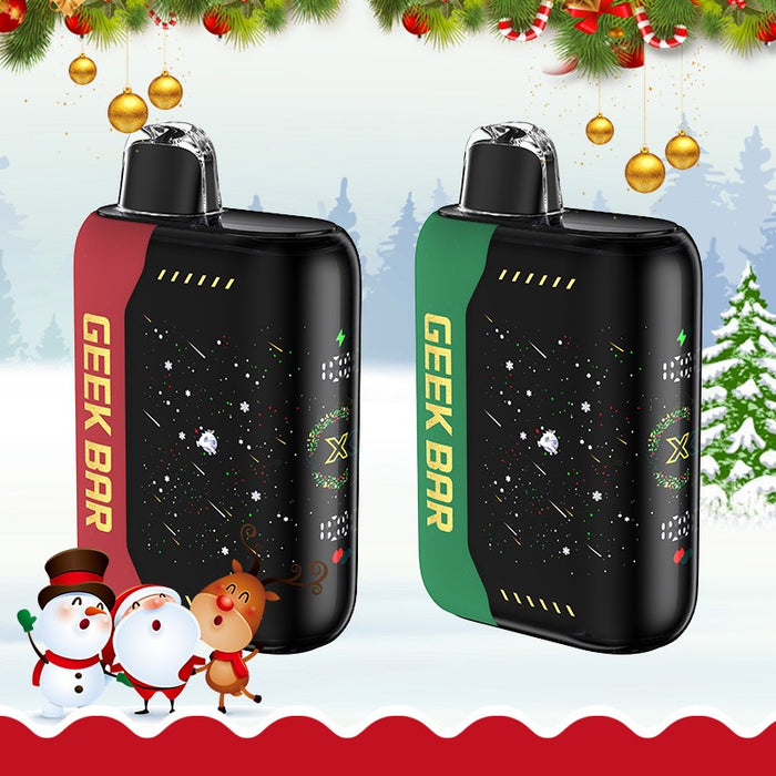 Stylish Geek Bar Pulse X 25K Christmas Edition disposable vape featuring a festive holiday design and up to 25,000 puffs. Available now at VapeNear online vape shop.
