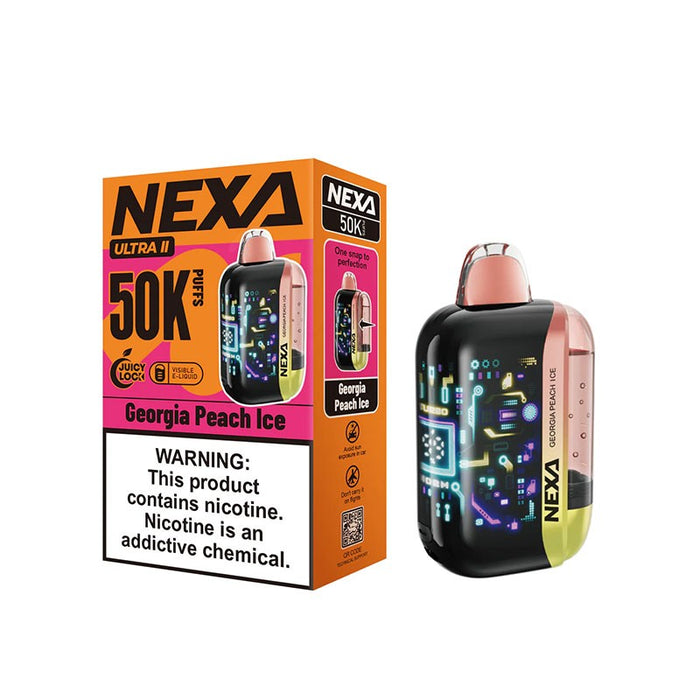 NEXA Ultra 2 50K disposable vape with light and dark mode screen settings