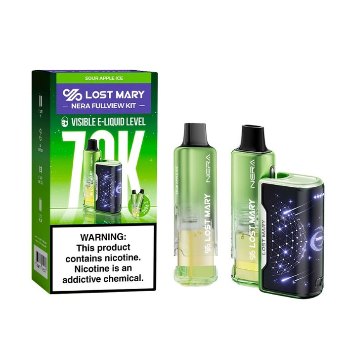 Lost Mary Nera Fullview 70K disposable vape kit package showing device, pre-filled pods, refill containers, and user manual