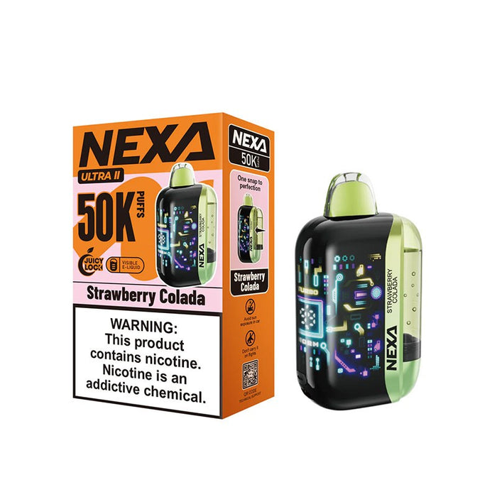 Transparent crystal e-liquid tank on NEXA Ultra 2 50K disposable vape for visible juice levels
