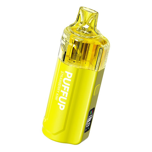 Side view of Puffup 25K disposable vape showing transparent e-juice tank and RGB output mode indicators