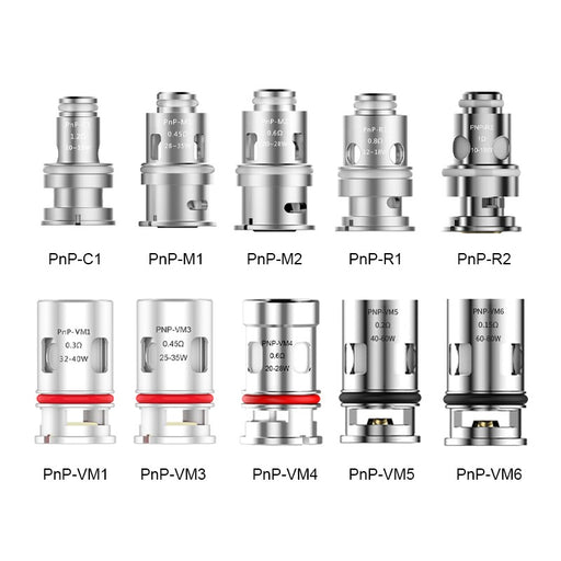 VOOPOO PnP replacement coils with multiple resistances including 0.15Ω, 0.3Ω, 0.45Ω, 0.6Ω, 0.8Ω, and 1.0Ω for smooth flavor and vapor at VapeNearShop