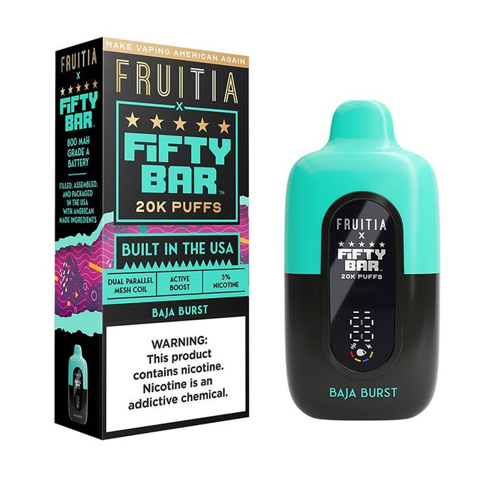 Fruitia X Fifty Bar 20K disposable vape kit featuring 18ml e-juice, 5% nicotine strength, and a durable 900mAh battery for premium vaping.