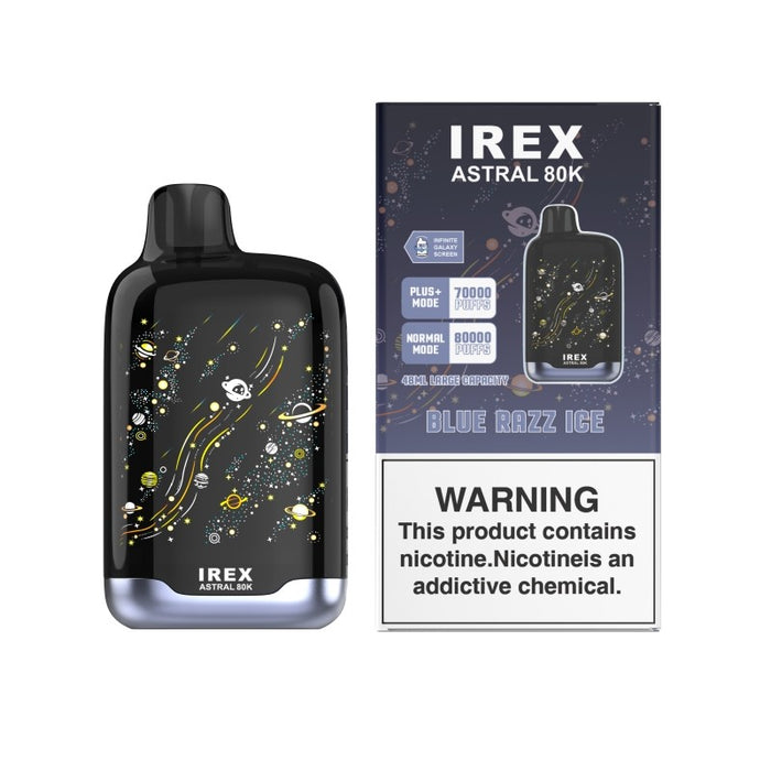 Stylish LED Display on IREX Astral 80K Disposable Vape Shows Mode, Battery, and E-Liquid