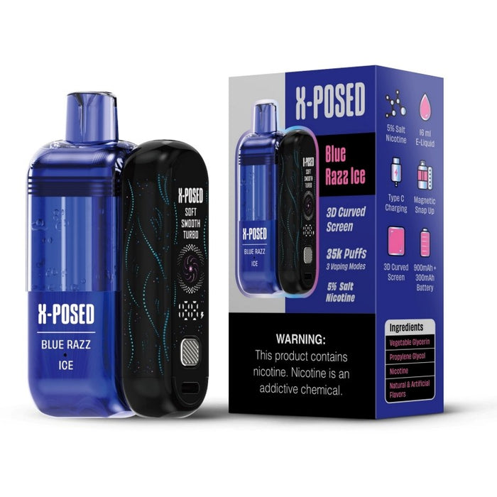 Side screen display showing battery life and vaping mode on X-Posed 35K disposable vape.