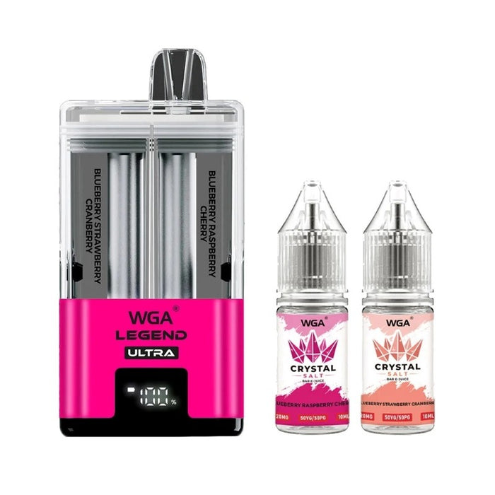 WGA Legend Ultra 30000 puff vape kit with two 10ml refill bottles for dual flavors.