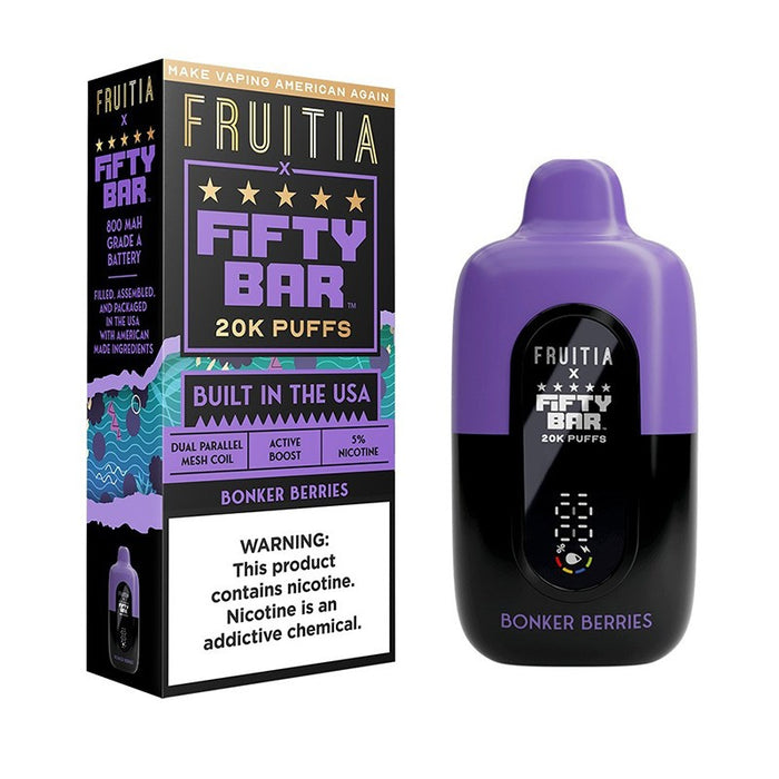 Fruitia X Fifty Bar 20K vape in Baja Burst, Bonker Berries, Blueberry Pound Cake, and Cookie Butter flavors for premium taste at VapeNearShop.