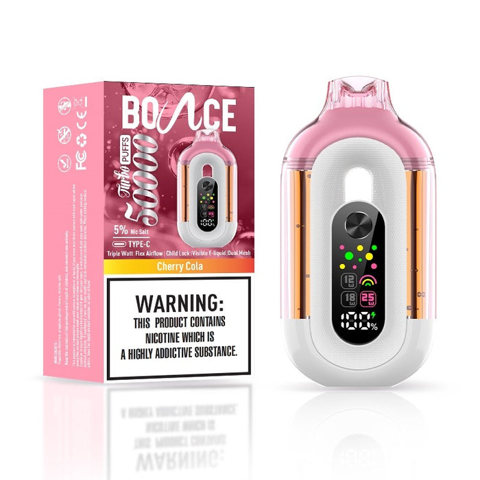 Upgrade your vape game with the Bounce Turbo 50K, featuring a large screen display and adjustable wattage settings.