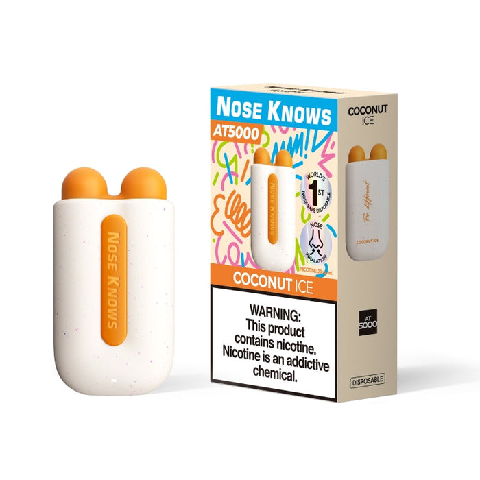 VOZOL Nose Knows AT5000 disposable vape with child-lock protection and a transparent e-liquid pod.