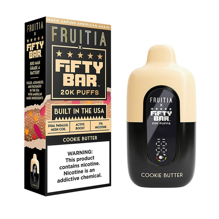 Enjoy Fruitia X Fifty Bar 20K disposable vape with 20,000 puffs, 5% nicotine, and fast USB-C charging for all-day smooth vaping.