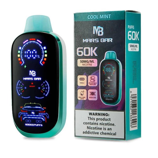 Mars Bar 60K Vape with full digital display showing puff count, battery life, and mode.