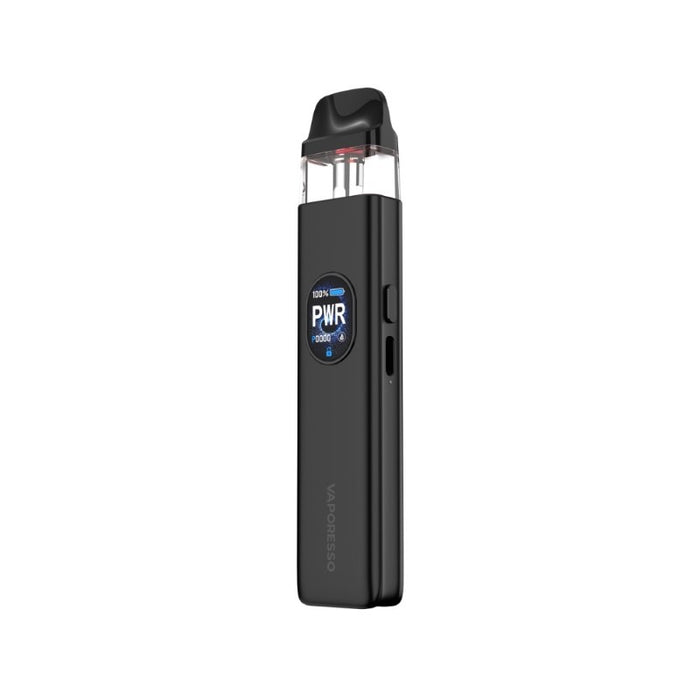 Close-up of Vaporesso XROS 5 vape pen showing 0.88-inch color display and adjustable 30W wattage.