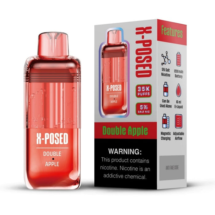 X-Posed 35K refill pod with crystal 360° tank design showing e-juice levels in real time