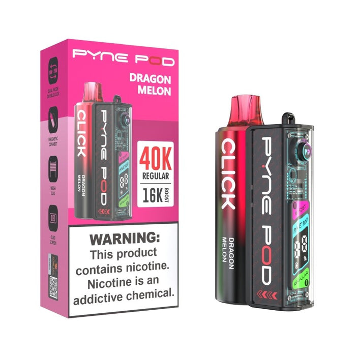 Pyne Pod Click 40K disposable vape flavors like Miami Mint, Dragon Melon, and White Gummy Ice.
