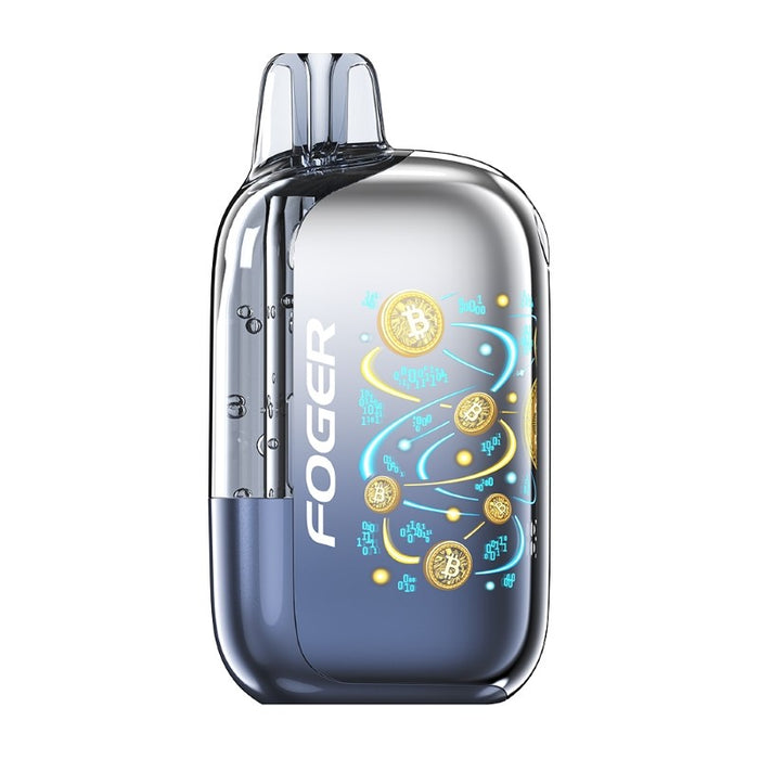 Close-up of Foger Bit 35K disposable vape showing 3D curved screen with Bitcoin elements.