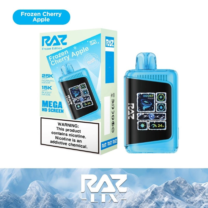 RAZ LTX 25K Disposable Vape with adjustable brightness settings (Dark/Light mode).