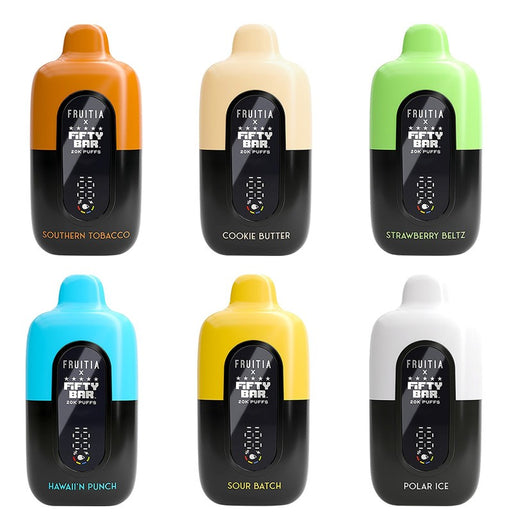 Fruitia X Fifty Bar 20K Disposable Vape with 18ml pre-filled e-juice and 5% nicotine strength for up to 20,000 puffs at VapeNearShop online vape shop.