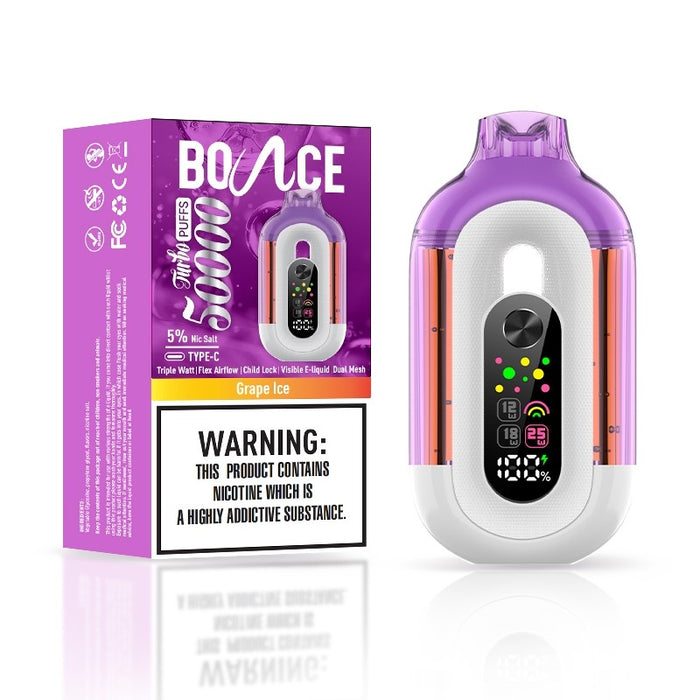 Shop Bounce Turbo 50K Disposable featuring three adjustable power levels (12W, 18W, 25W) for a customized vaping experience.