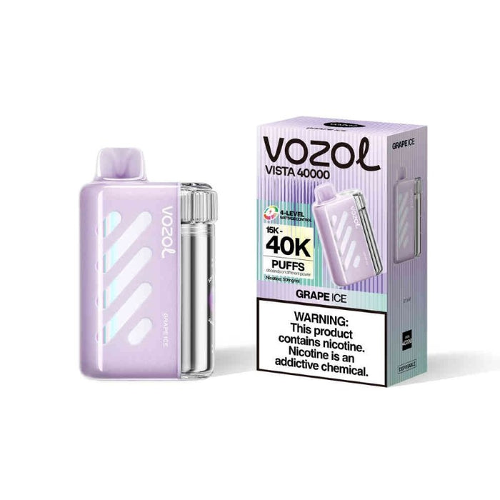 Side view of VOZOL Vista 40K vape with digital screen displaying battery life and e-juice level for long-lasting vaping.