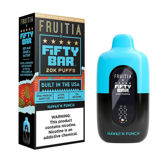 Fruitia X Fifty Bar 20K disposable vape featuring 900mAh rechargeable battery and USB Type-C charging for long-lasting vaping performance.