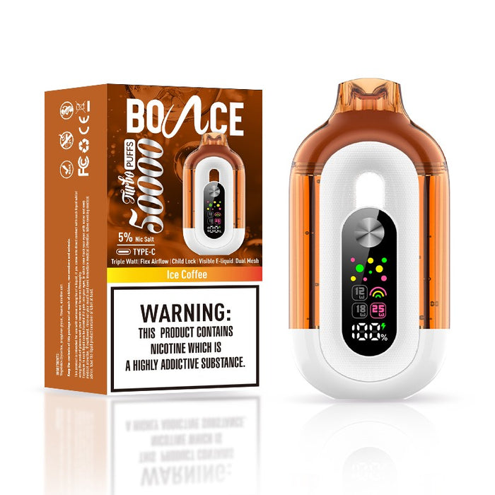Powerful and flavorful Bounce Turbo 50K disposable vape with 5% (50mg/ml) nicotine strength for a strong hit.