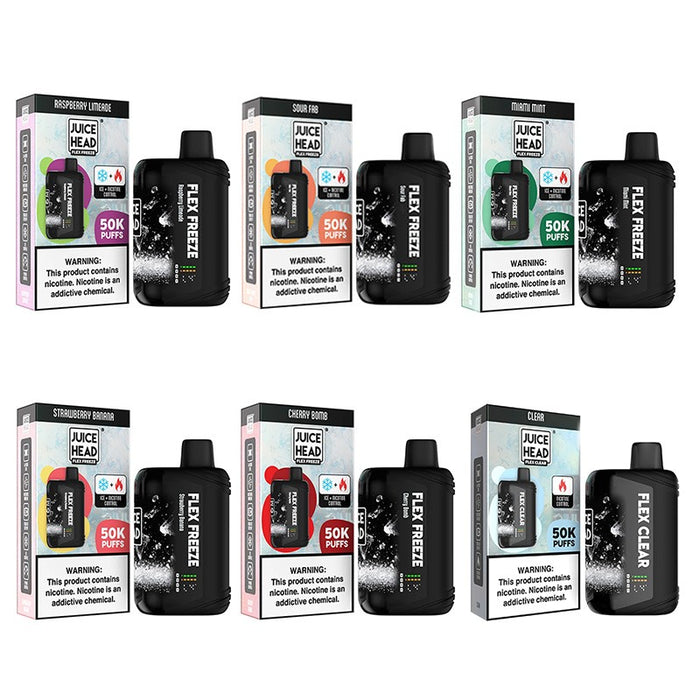 Juice Head Flex Freeze 50K disposable vape with 50,000 puffs and adjustable ice levels at VapeNearShop.