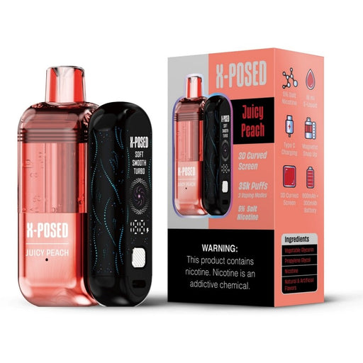Rechargeable X-Posed 35K vape with detachable 900mAh battery and three output modes.
