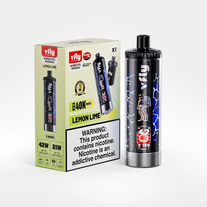VFLY Super DTL 40K vape with intelligent screen showing battery, power output, and mode.