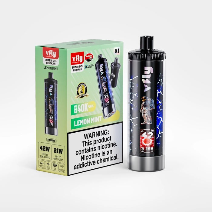 Interactive VFLY Super DTL 40K disposable vape with sound effects and animation for fun vaping.