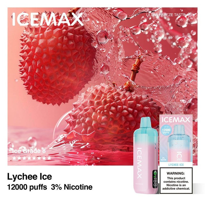 Icemax 12K vape in Lychee Ice flavor with 650mAh rechargeable battery and USB-C charging.