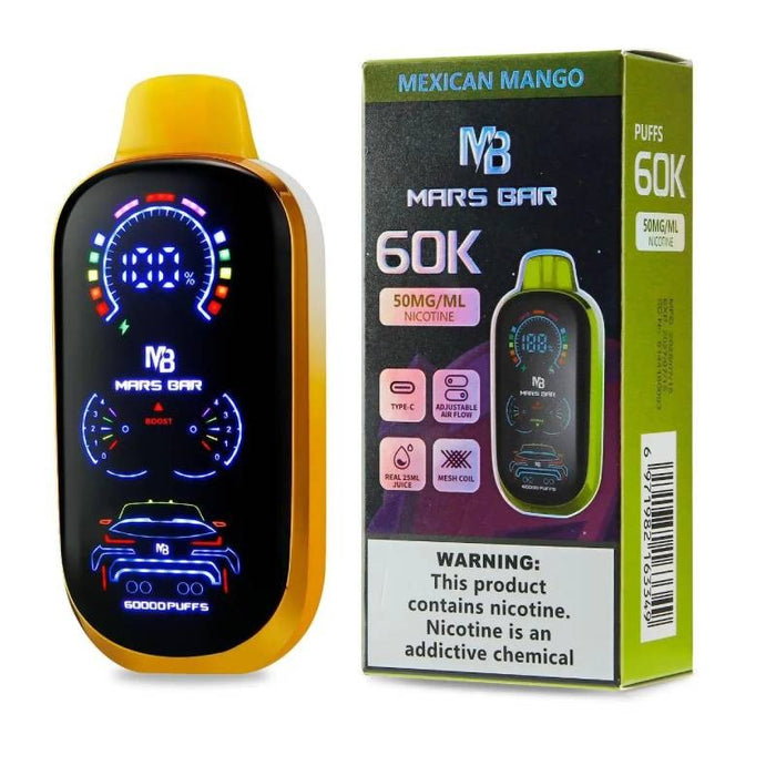 Mars Bar 60K Disposable Vape Blueberry Watermelon flavor with mesh coil for intense taste.