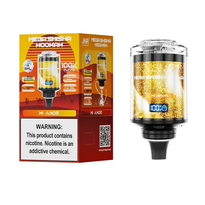 Massive 100k puffs with the JNR Mega Shisha Hookah 100K, featuring a rechargeable battery and vibrant design.