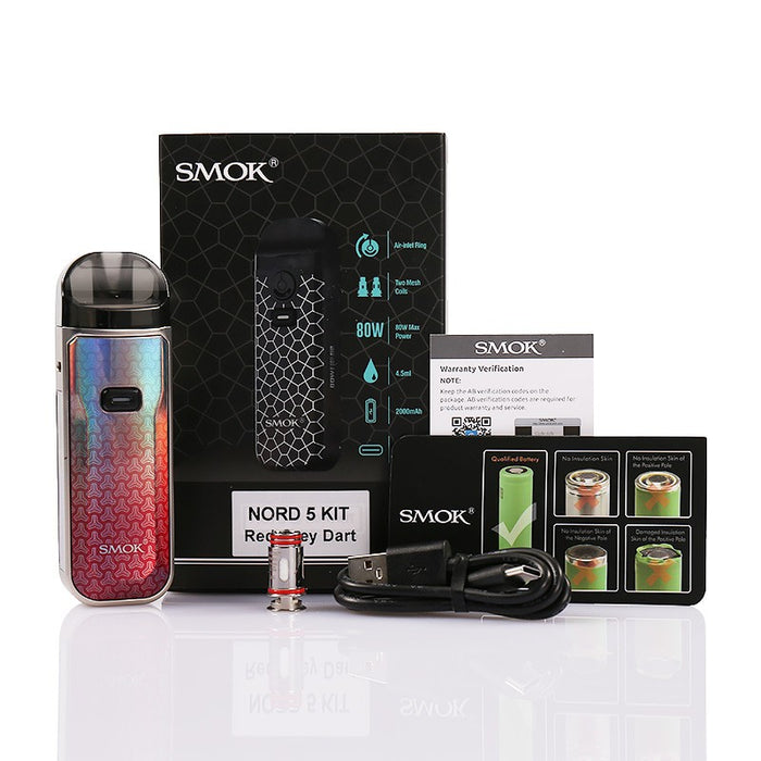 Discover the SMOK Nord 5 Kit at VapeNear, featuring adjustable wattage, a large e-liquid capacity, and compatibility with Nord coils.