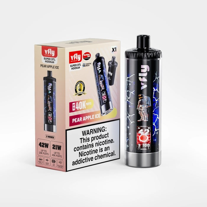 VFLY Super DTL 40K disposable vape with dual crystal mesh coils for enhanced flavor and vapor.