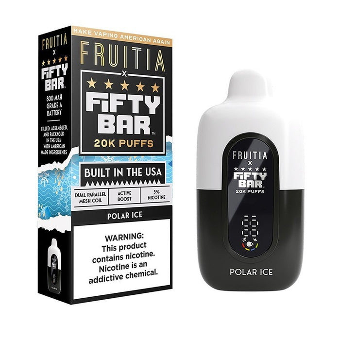 Fruitia X Fifty Bar 20K vape with vibrant tropical flavors, dual mesh coils, and boost mode for an enhanced vaping experience.