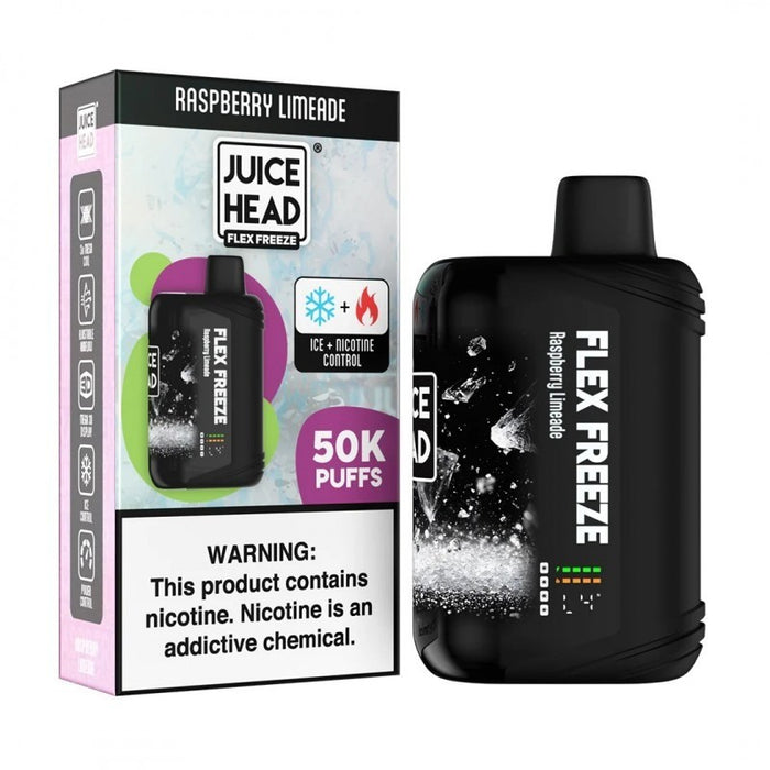 Premium Juice Head Flex Freeze 50K disposable vape with customizable nicotine strength up to 5%, sold at VapeNearShop.