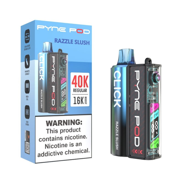 Long-lasting Pyne Pod Click 40K vape with pre-filled pod and up to 40,000 puffs in regular mode.