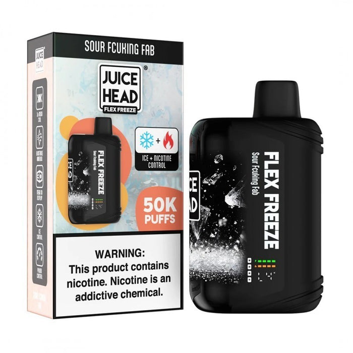 Juice Head Flex Freeze 50K disposable vape kit with multiple fruity flavors like Strawberry Banana and Cherry Bomb at VapeNearShop.