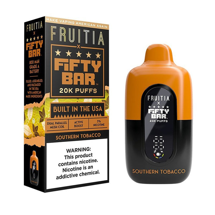 Fruitia X Fifty Bar 20K disposable vape with adjustable airflow and dual parallel mesh coil for maximum flavor and cloud production.