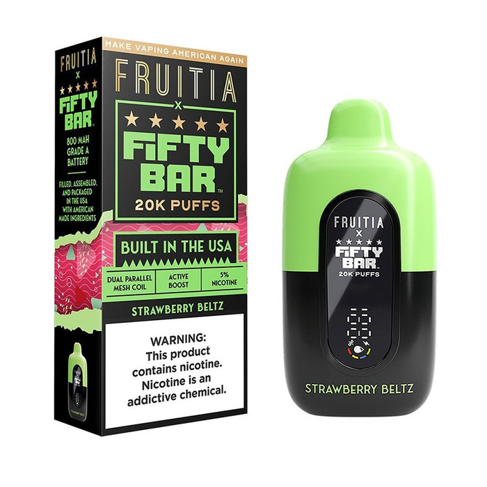 Fruitia X Fifty Bar 20K disposable kit with Southern Tobacco and Strawberry Beltz flavors, perfect for daily vaping at VapeNearShop online vape shop.
