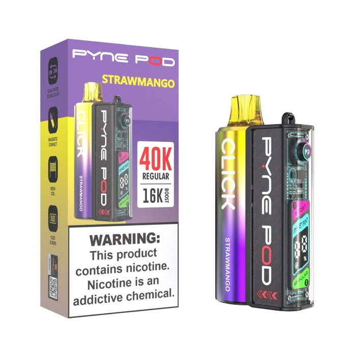 Pyne Pod Click 40K detachable battery vape with 5% nicotine strength for powerful throat hit.