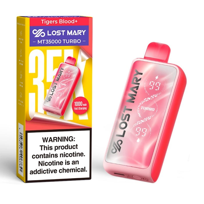 Lost Mary MT35000 Turbo Vape with e-liquid and battery screen display, perfect for high-capacity vaping