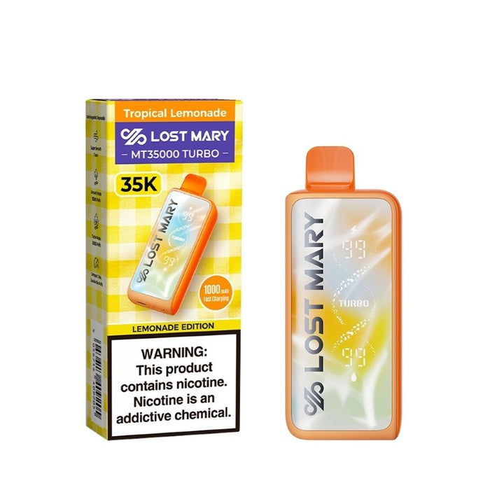 LED Display on Lost Mary MT35000 Turbo Lemonade Edition Shows Battery Level, E-Liquid Remaining, and Mode Indicator