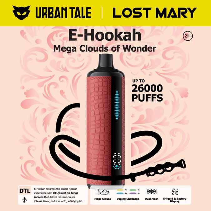 The Lost Mary X Urban Tale E-Hookah 26000 is a top-rated disposable vape with a high puff count and sleek design.