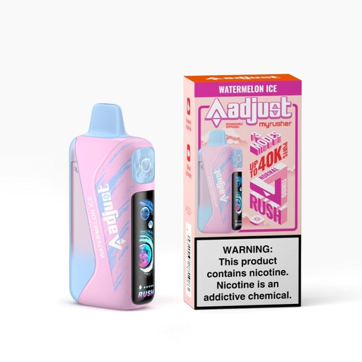 Stylish Adjust Myrusher 40K Disposable Kit with pre-filled 5% nicotine e-juice and 40,000 puffs for long-lasting vaping.