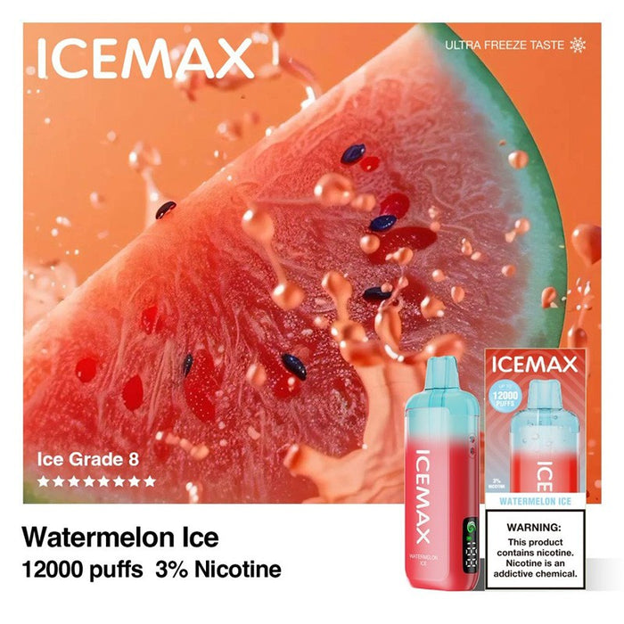 Icemax 12K disposable vape with Sour Guava Ice flavor and Banana Freeze option for diverse taste.
