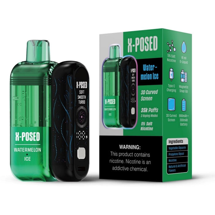 Long-lasting X-Posed 35K vape pod with digital side screen and USB Type-C charging.